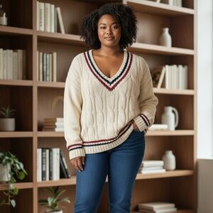 Dazy x Star Series Cable Knit V Neck Striped Sweater XL